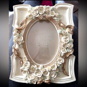 Romantic Vintage Cream & Gilt Floral Picture Frame • Ornate Roses & Ribbon Motif